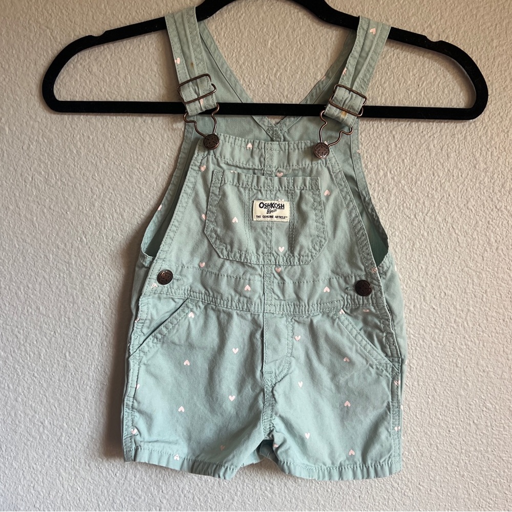 OshKosh B’Gosh teal with pink hearts overalls